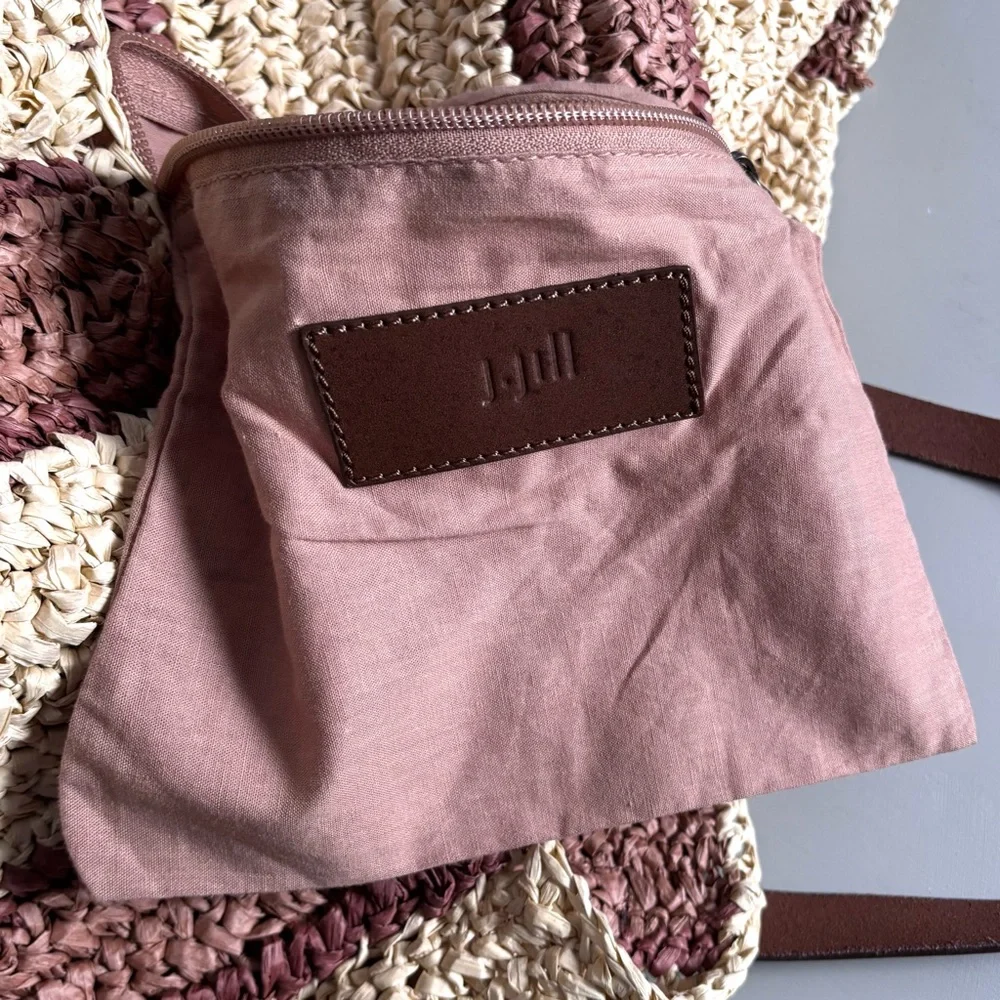 J. JILL Oversized Woven Straw Striped Tote Boho Vibes Leather Handle Market Bag - Picture 4 of 9